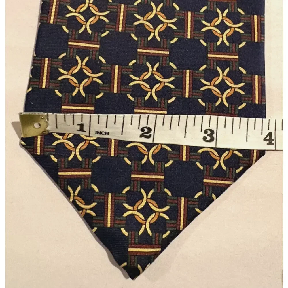 Ted Lapidus Silk Tie USA‎ Navy Blue Gold Yellow Burgundy Circle Chain 4